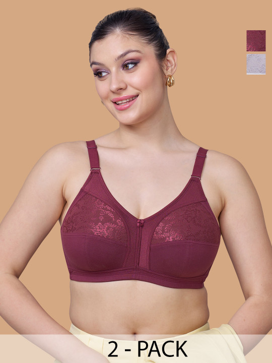 MAASHIE Pack of 2 M Frame Full Coverage Non Padded Lace Bra WNE-WH