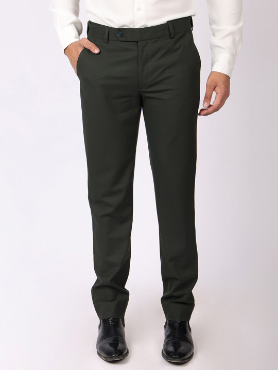 PANTMARK Men Jungle Green Formal Pants Slim Fit 4-Way Stretch Extension Waistband