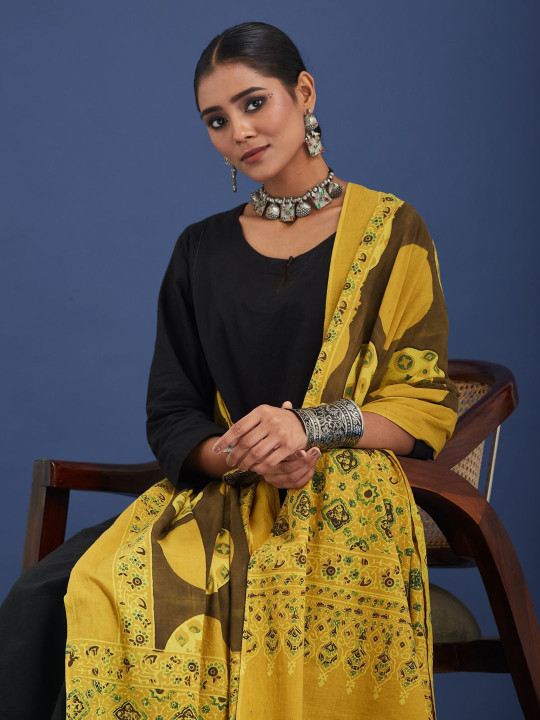 Taavi Geometric Ajrakh Block Printed Pure Cotton Dupatta