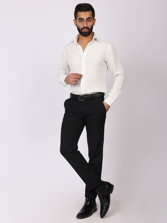 PANTMARK Men Ebony Black Formal Pants Slim Fit Stretch With Extension Waistband Pant