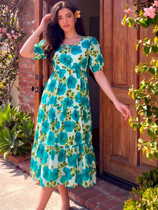 LOOKNBOOK ART Floral Print Puff Sleeve A-Line Midi Dress