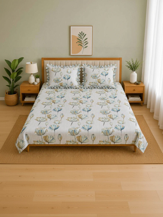 Myntra Elegant Homes Off White Floral 300 TC Frill Bedsheet with 2 Pillow Covers