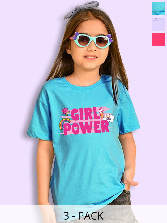 NUSYL Girls Pack of 3 Typography Printed Round Neck Cotton Oversized T-shirts