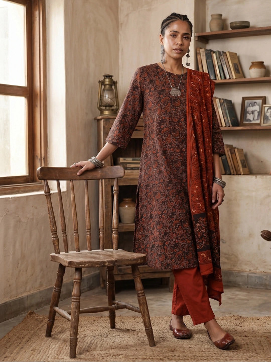 Taavi Ethnic Motifs Printed Regular Ajrakh Kurta with Trousers & Dupatta