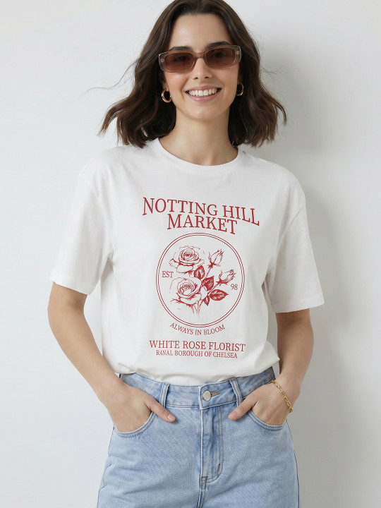 Mast & Harbour Typography Printed Drop-Shoulder Sleeves Pure Cotton Relaxed Fit T-shirt