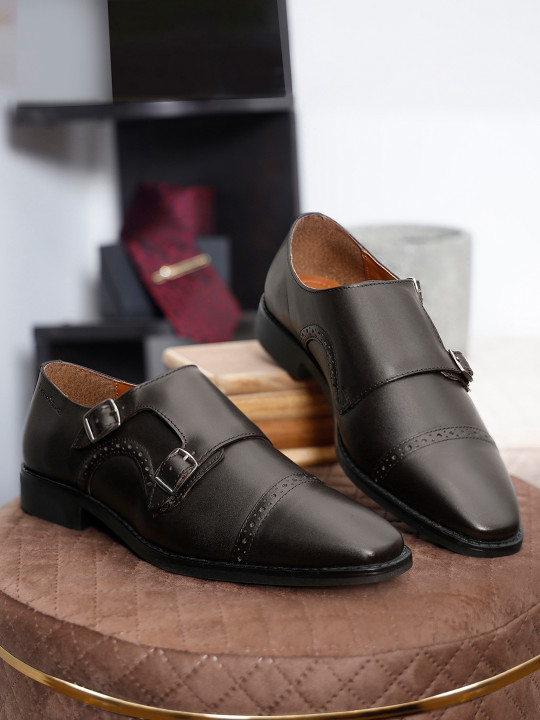 LOUIS STITCH Men Brunette Brown Premium Italian Leather Formal Monk Shoes