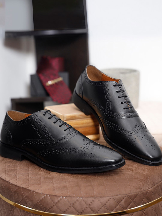LOUIS STITCH Men Jet Black Premium Italian Leather Formal Brogue Shoes