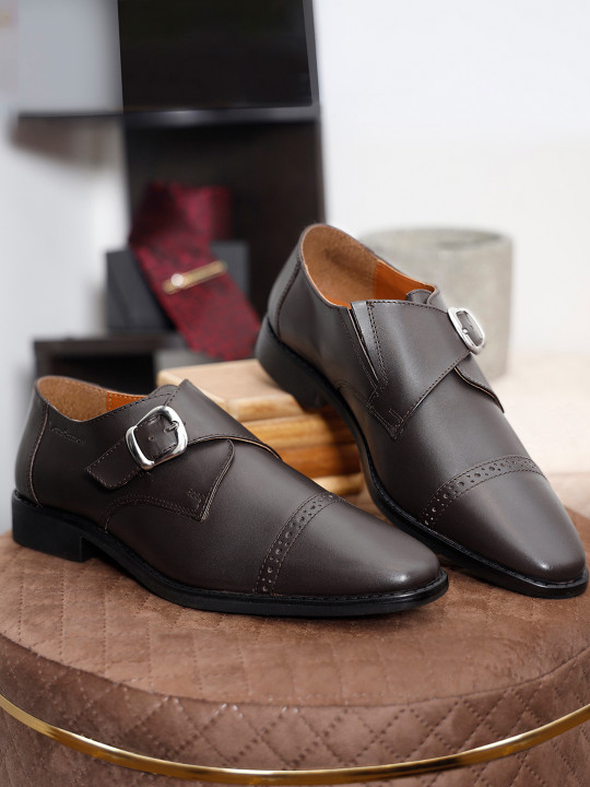LOUIS STITCH Men Brunette Brown Premium Italian Leather Formal Monk Shoes
