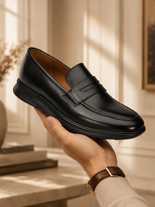 San Frissco Men Black Solid Leather Slip-On Loafers comfort Anti-Slip Office Wear