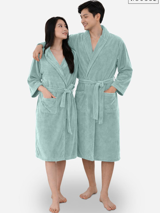 HOUSSE Green Solid Microfibre Drawstring Midi Bath Robe-L