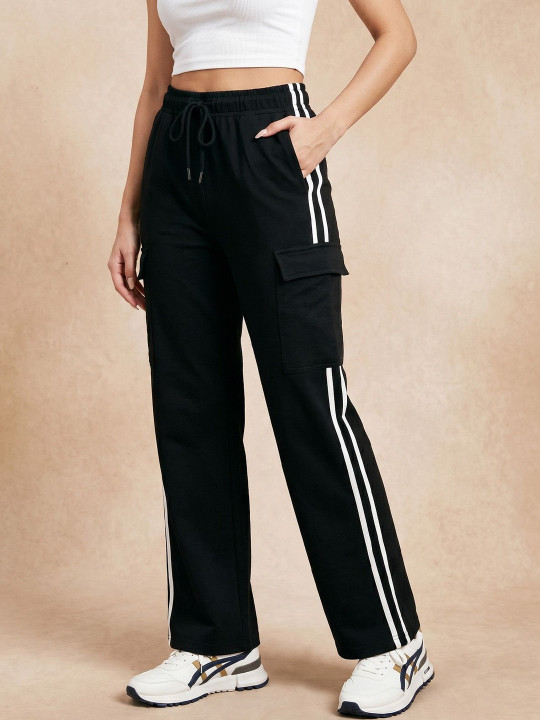 JUNEBERRY Women Relaxed Fit High-Rise 4-Pockets Cotton Cargo Track Pants with Side Stripes