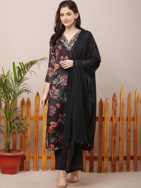 Amodra Floral Printed Beads and Stones Kurta With Trousers & Dupatta