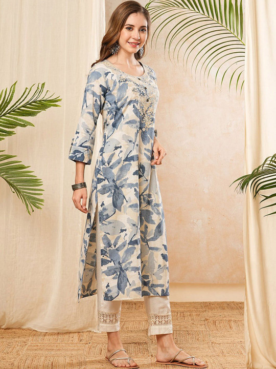 PHYSIL Floral Printed Round Neck Thread Work Straight Cotton Kurta