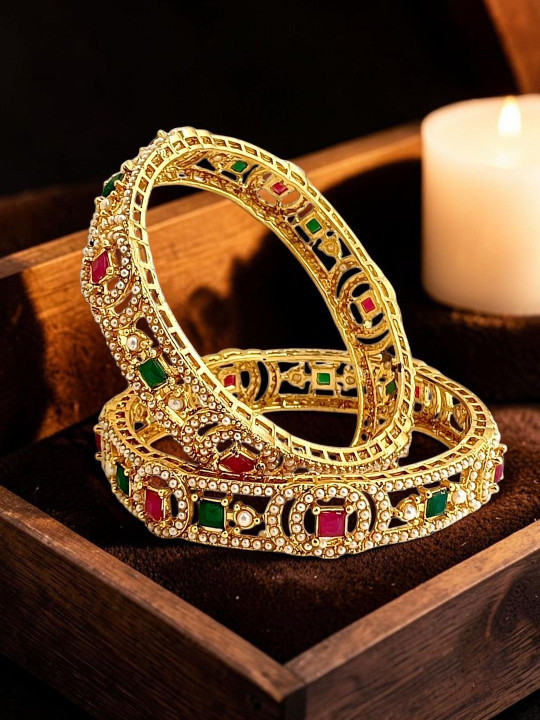 FEMMIBELLA Set of 2 Gold-Plated Jadau Stone Studded & Beaded Bangles