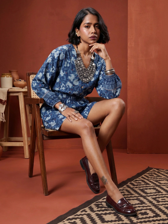 Taavi Cotton-Linen Floral Printed Puff Sleeves Dabu Crafted Jumpsuit