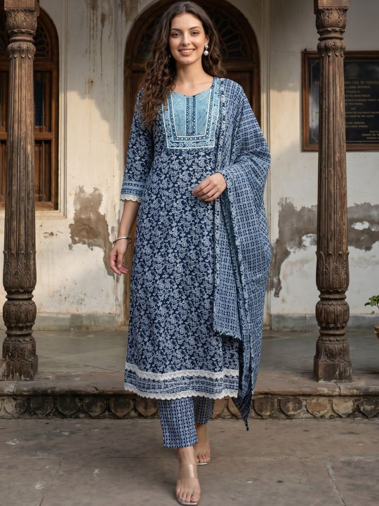 NISHABD Floral Printed Empire Gotta Patti Pure Cotton Kurta with Trousers & With Dupatta