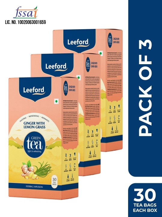 Leeford Pack of 3 Ginger Lemongrass Green Tea for Immunity Boost - 30 Bags