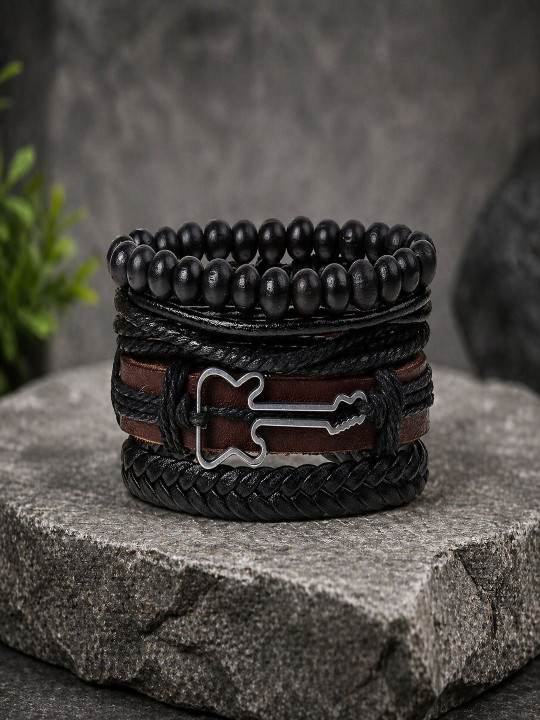 UNIVERSITY TRENDZ Men Set of 4 Beaded Leather Multistrand Bracelets