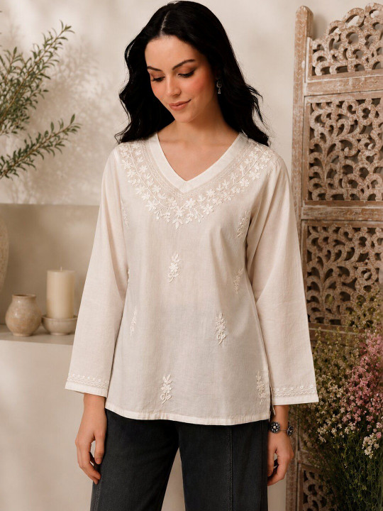 QAZMI Women Pure Cotton Aari Work V-Neck Full Sleeves Kurti