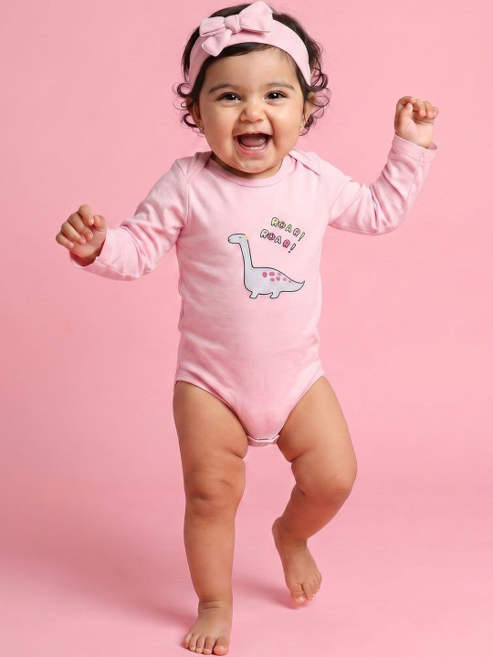 Baby Girls Cotton Dinosaur Print Bodysuit with Headband