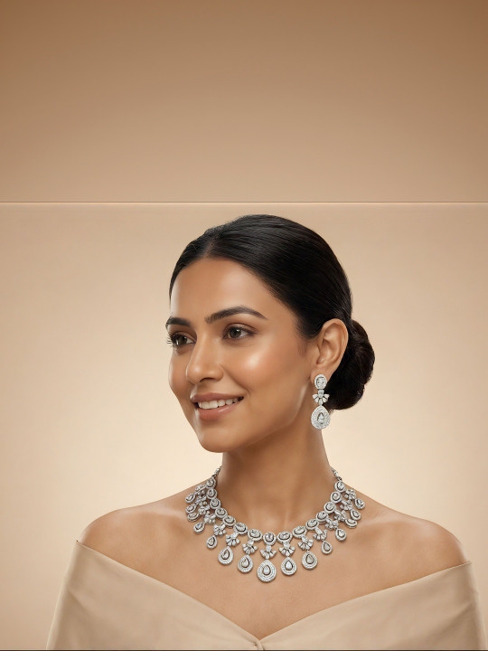 LAALI Rhodium-Plated Enamelled American Diamond Necklace and Earrings
