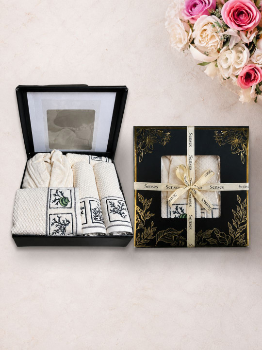 SENSES Cream-Coloured 5 Pcs Embroidered 550 GSM Pure Cotton Luxury Gift Hamper Towel Set