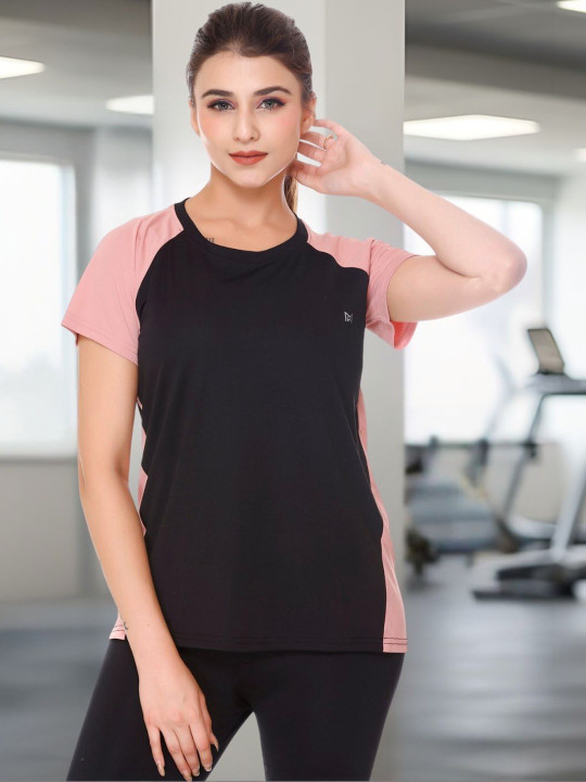 White Moon Women Colourblocked Round NeckT-shirt
