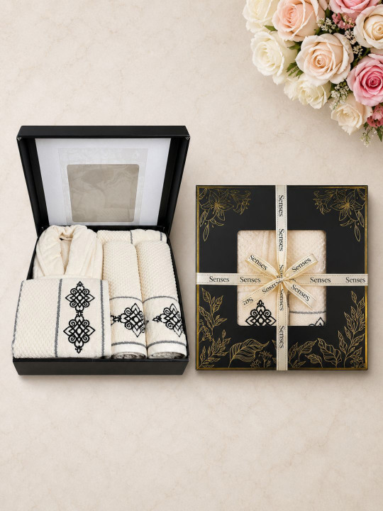SENSES Cream-Coloured 5 Pcs Embroidered 550 GSM Pure Cotton Luxury Gift Hamper Towel Set