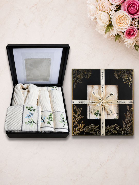 SENSES Cream-Coloured 5 Pcs Embroidered 550 GSM Pure Cotton Luxury Gift Hamper Towel Set