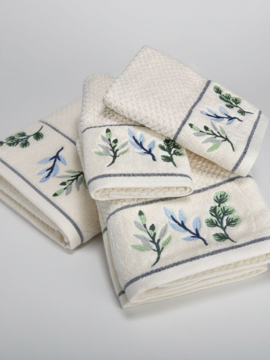 SENSES Ivory & Green 4 Pieces Embroidery Cotton 550 GSM Towel Set