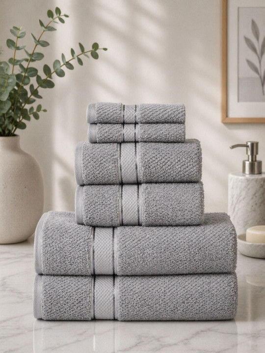 SENSES Textured Rice Weave Grey Cotton 550 GSM 6Pcs Absorbent Antimicrobial Towel Set