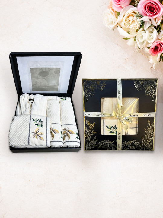 SENSES Cream-Coloured 5 Pcs Embroidered 550 GSM Pure Cotton Luxury Gift Hamper Towel Set