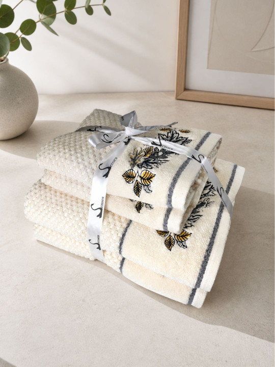 SENSES Ivory & Black 4 Pieces Embroidery Cotton 550 GSM Towel Set