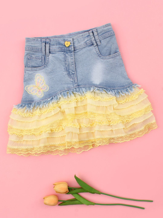 CUTECUMBER Girls Denim Blend Embellished Frills Bows and Ruffles Above Knee A-Line Skirt