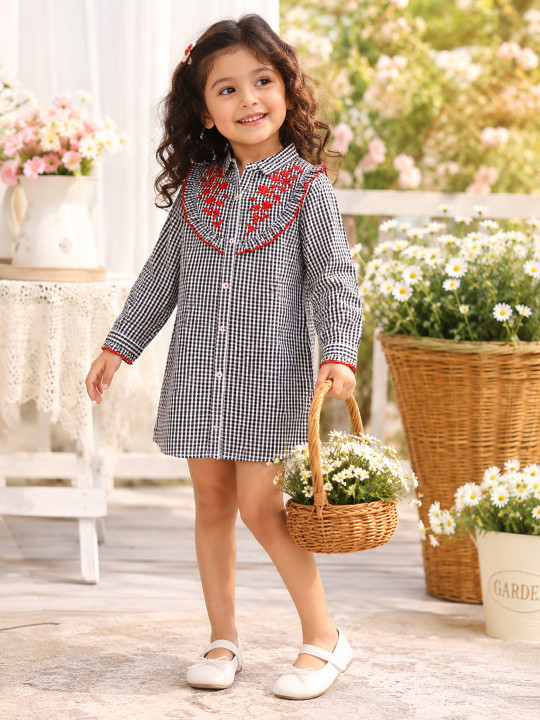 Miyo Girls Checked Shirt Collar Cotton Shift Dress