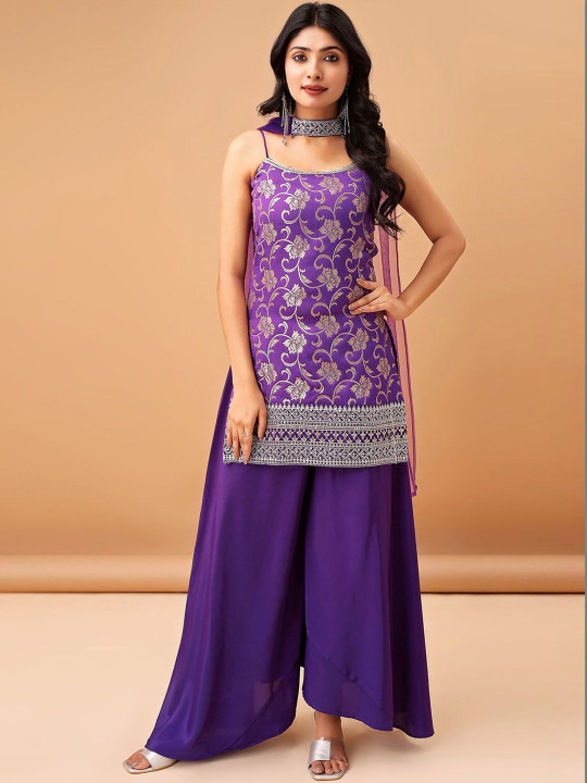Sashay Boutique Ethnic Motifs Sequinned Straight Kurti with Sharara & With Dupatta