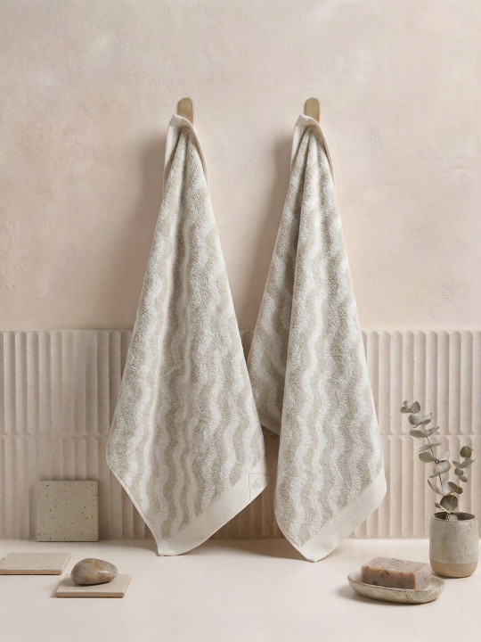 Monte Carlo 2-Pcs Beige & White Textured Pure Cotton 500 GSM Hand Towels