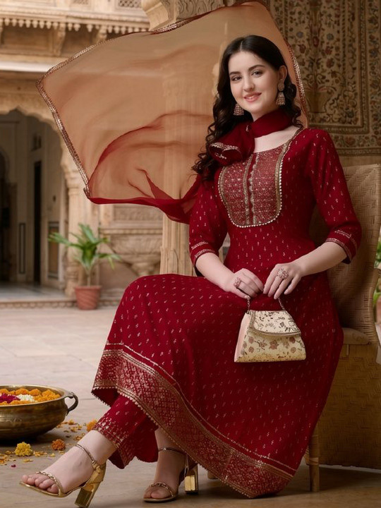 QUEENSFAB Women Ethnic Motifs Printed Regular Gotta Patti Kurta with Trousers & With Dupatta