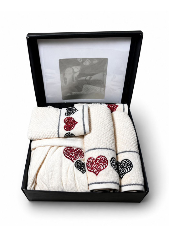 SENSES Cream-Coloured 5 Pcs Embroidered 550 GSM Pure Cotton Luxury Gift Hamper Towel Set