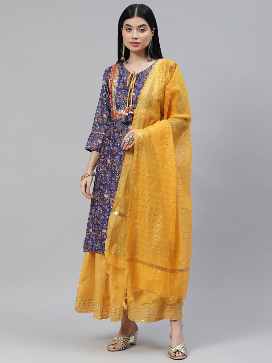 SERONA FABRICS Women Navy Blue Floral Printed Kurta with Skirt & With Dupatta
