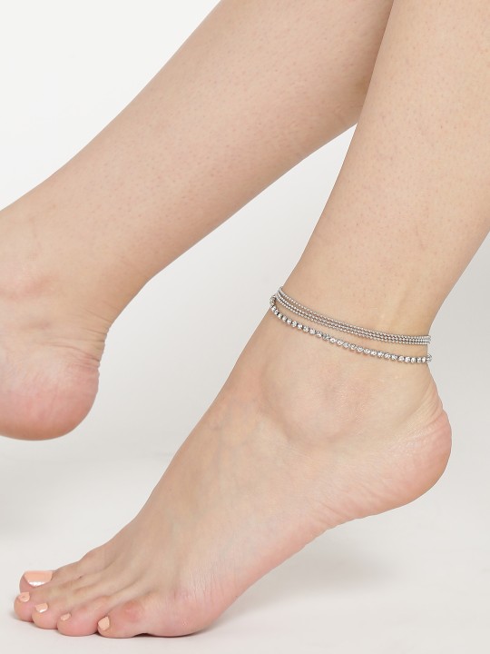 Silver-Toned Stone-Studded Multistranded Anklet