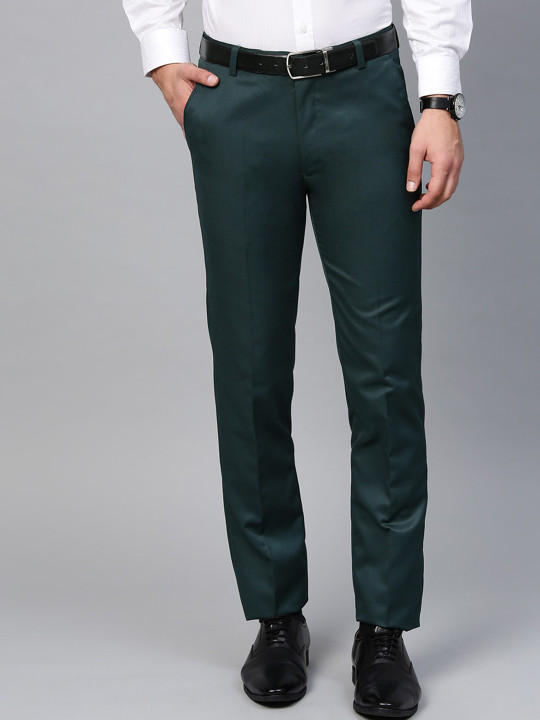 MANQ Men Green Slim Fit Mid-Rise Formal Trousers
