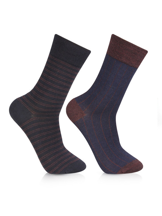 Bonjour Men Pack Of 2 Assorted Striped Calf Length Socks