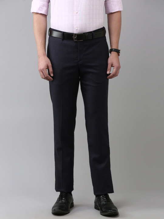 Arrow Men Navy Blue Textured Tailored Fit Formal Trousers