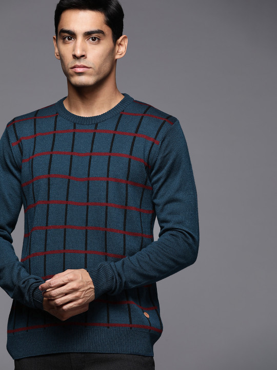 Raymond Men Navy Blue & Maroon Checked Pullover