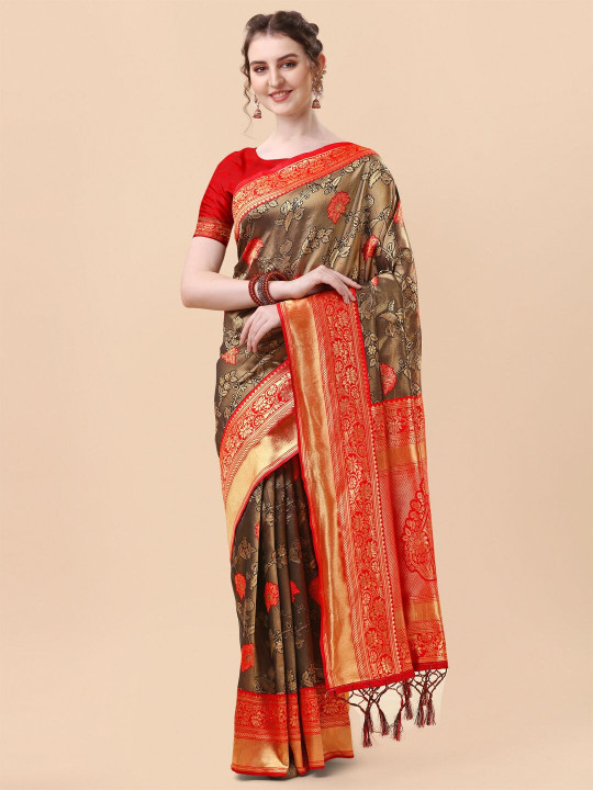 Mitera Beige & Red Woven Design Zari Silk Blend Banarasi Saree