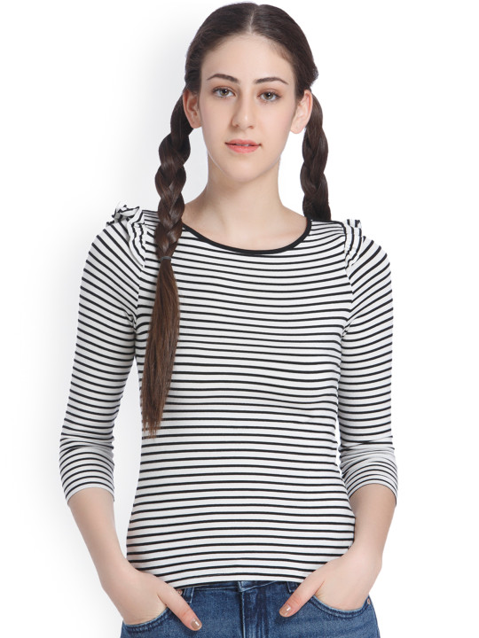 ONLY Women White & Black Striped Round Neck T-shirt