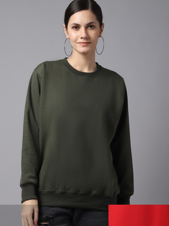 MACK JONNEY Women Pack Of 2 Olive Green & Maroon Fleece Sweatshirt