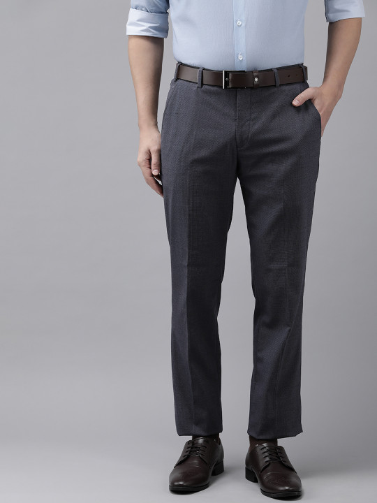Park Avenue Men Blue Solid Mid-Rise Smart Fit Formal Trousers