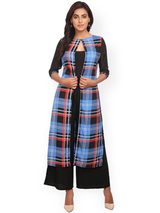 Black & Blue Checked Longline Shrug S